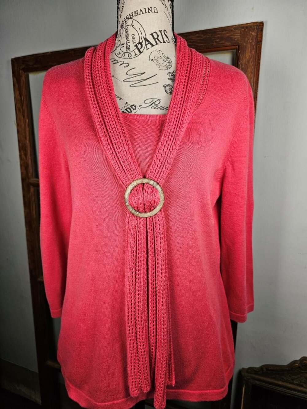 Christopher & Banks Salmon Pink Faux Layered Ring Accent Sweater, M
